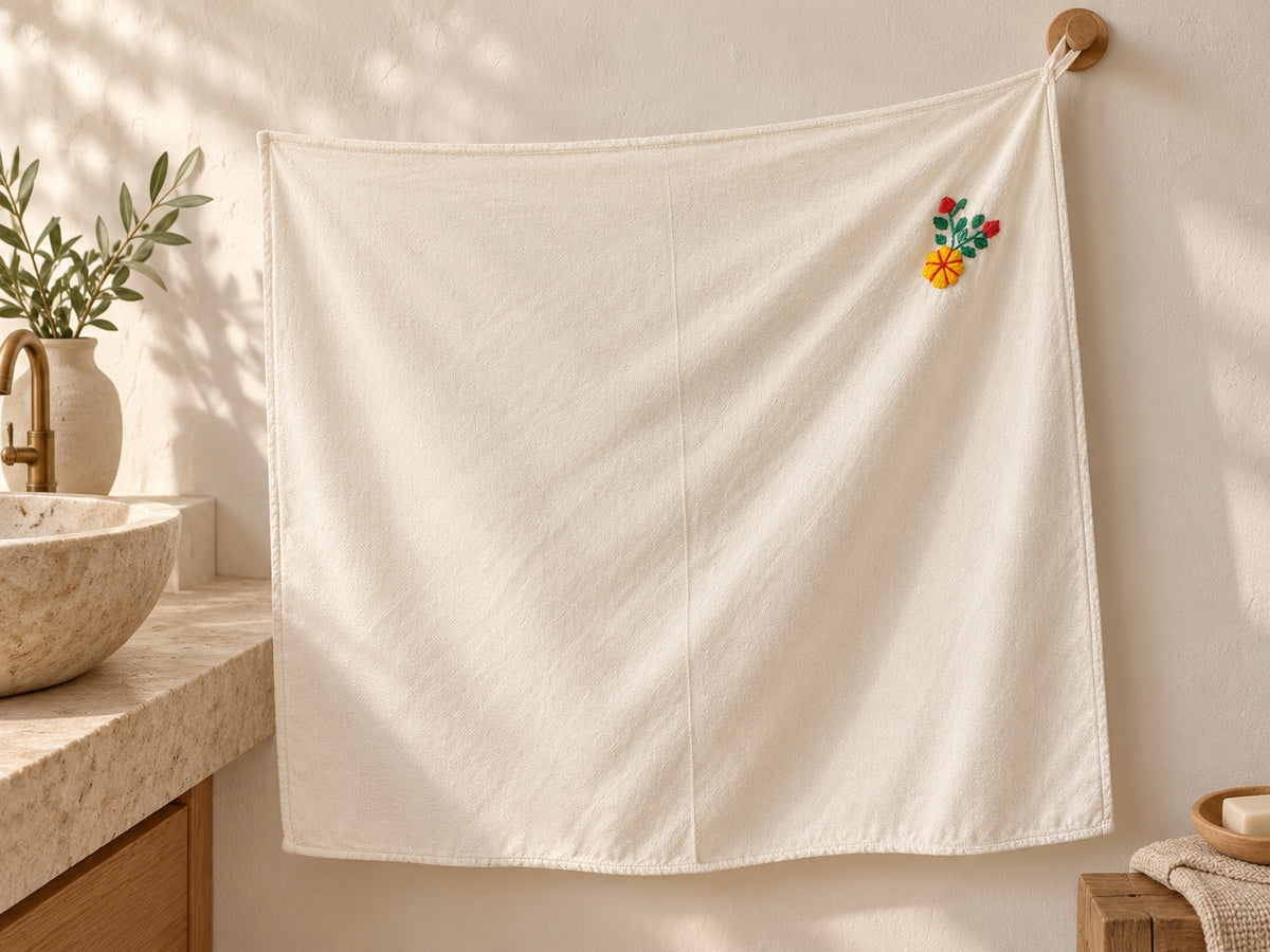 Toalla secadora con bordado floral, en ambiente