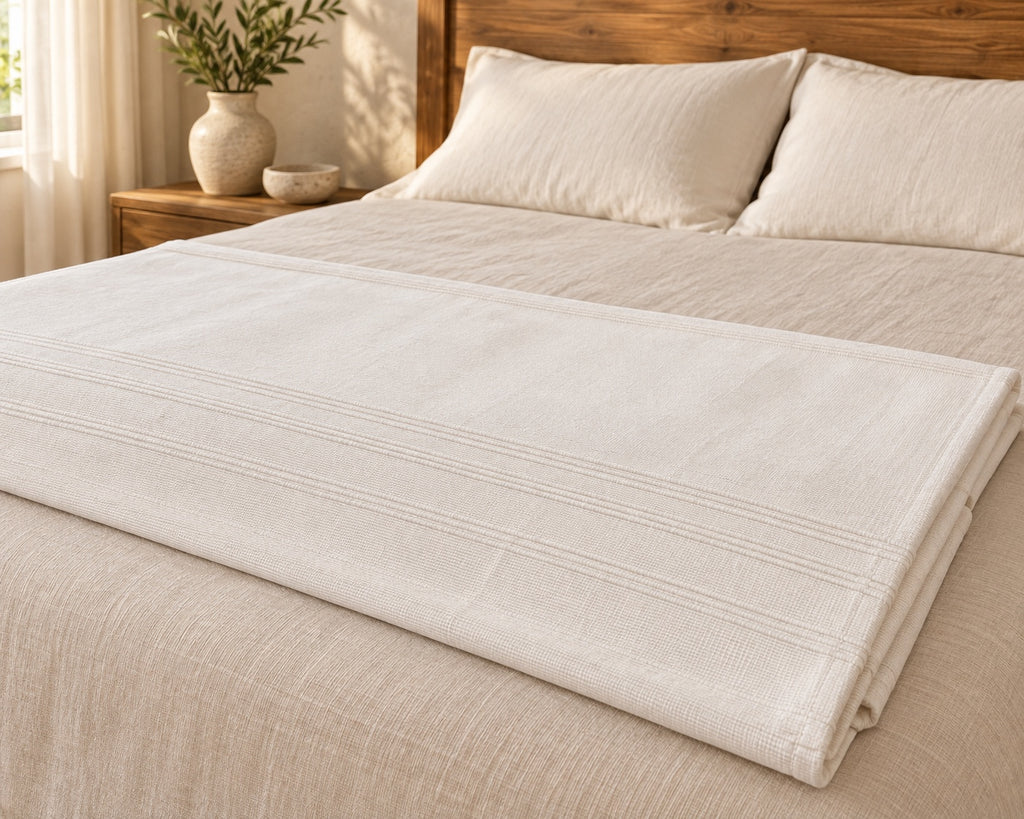 Colcha tejida color marfil, ambiente decorativo