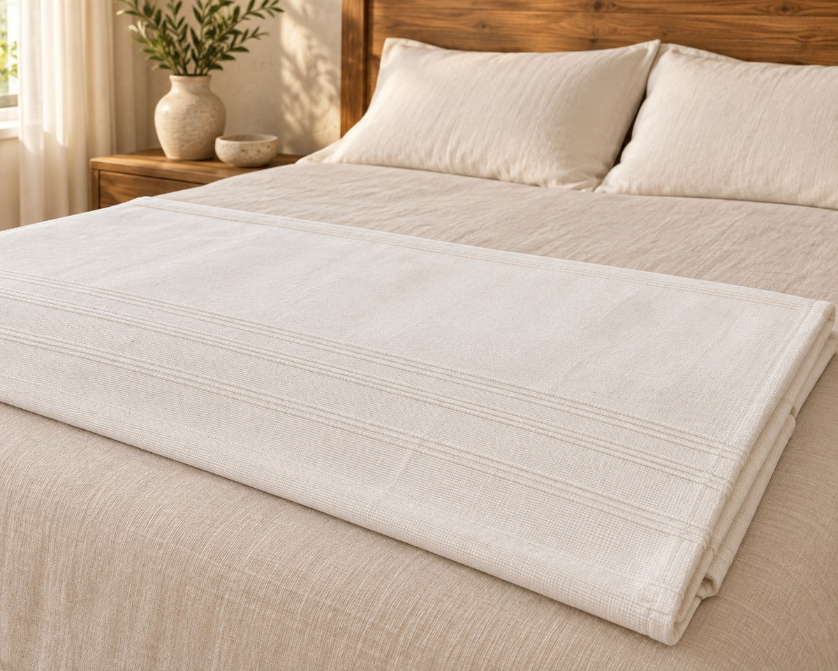 Colcha tejida color marfil, ambiente decorativo