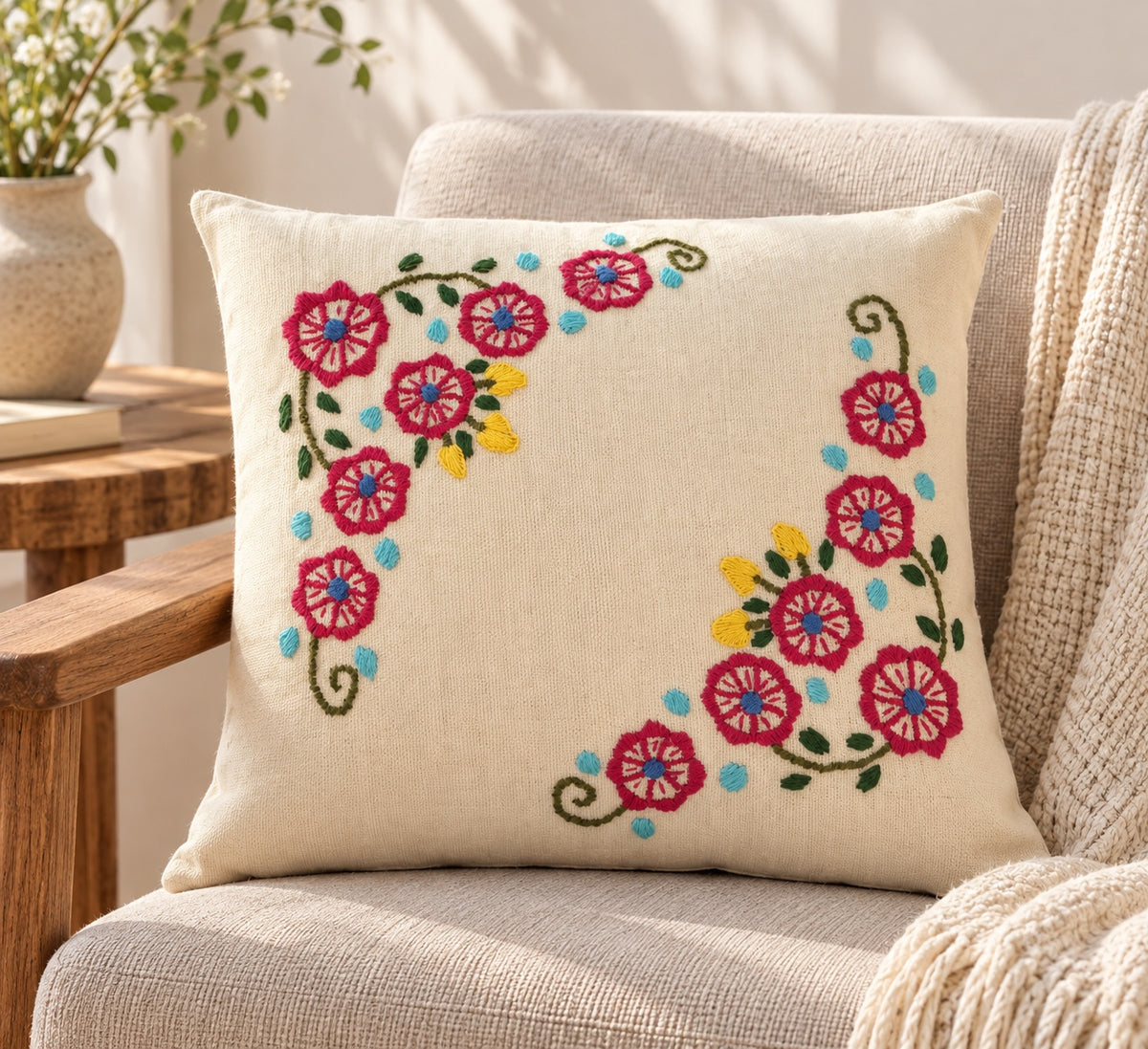 Cojín bordado de flores, ambiente decorativo