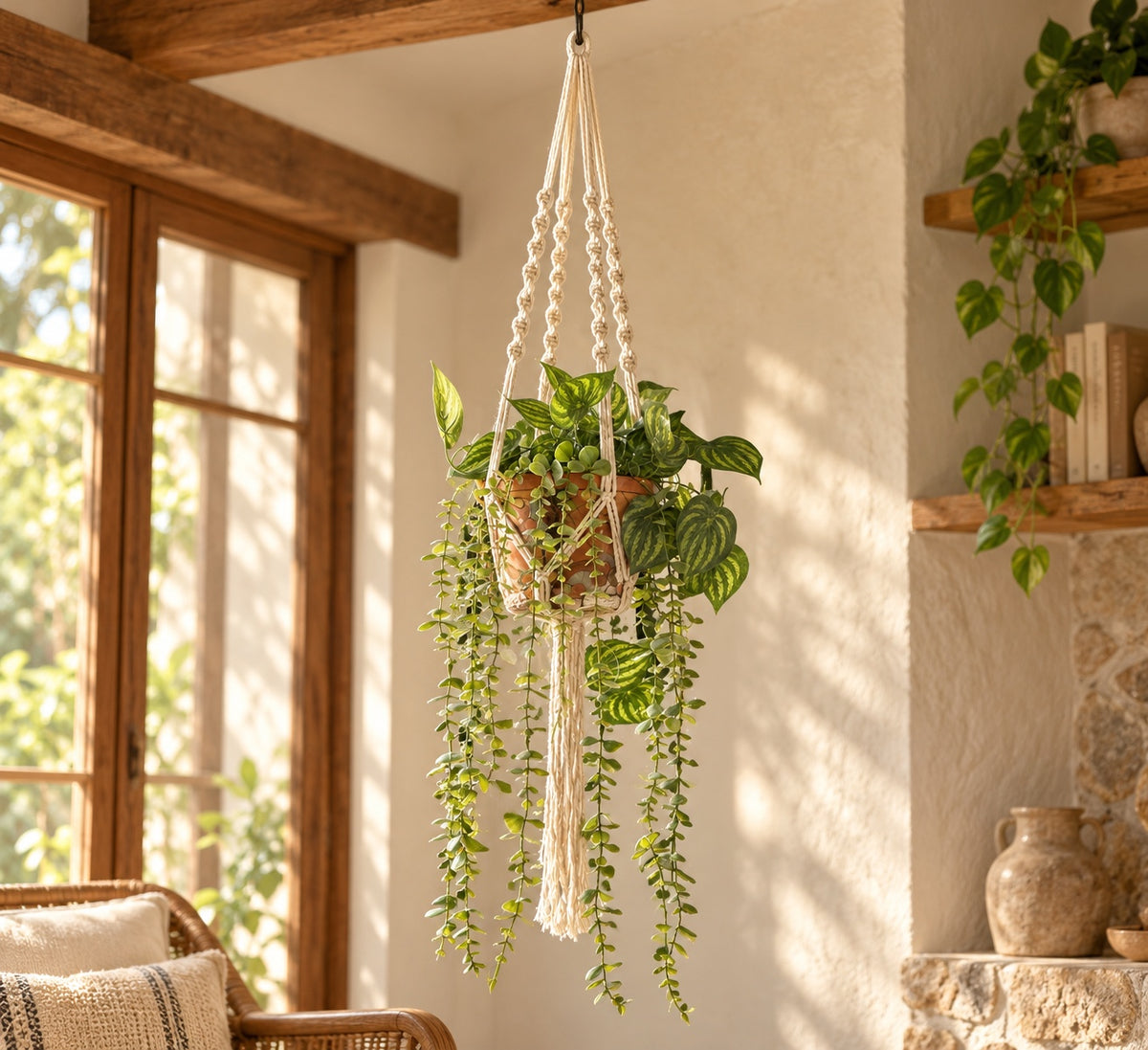 Macetero colgante de macramé, ambiente decorativo