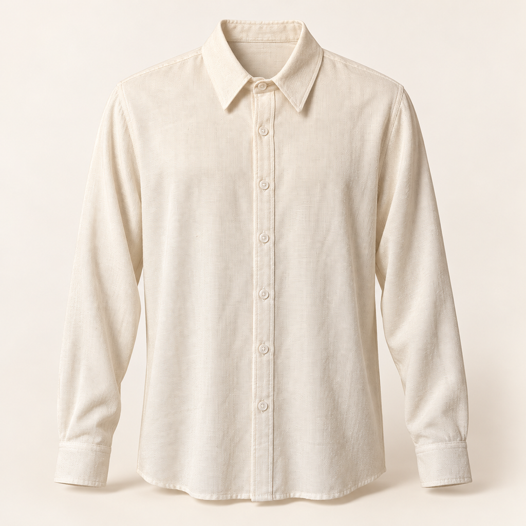 Camisa de hombre cuello italiano tono crudo, vista frontal