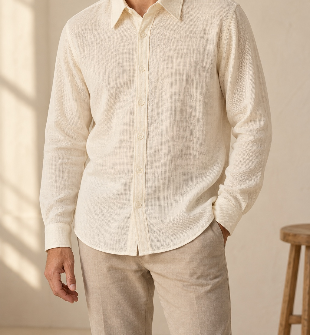 Camisa cuello italiano en look editorial