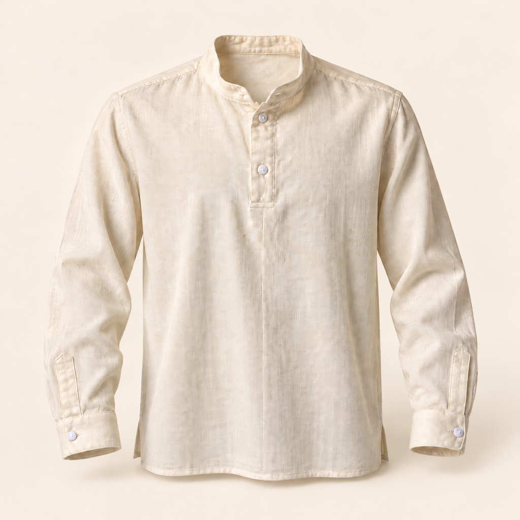 Camisa de hombre cuello mao cerrada botón blanco, vista frontal