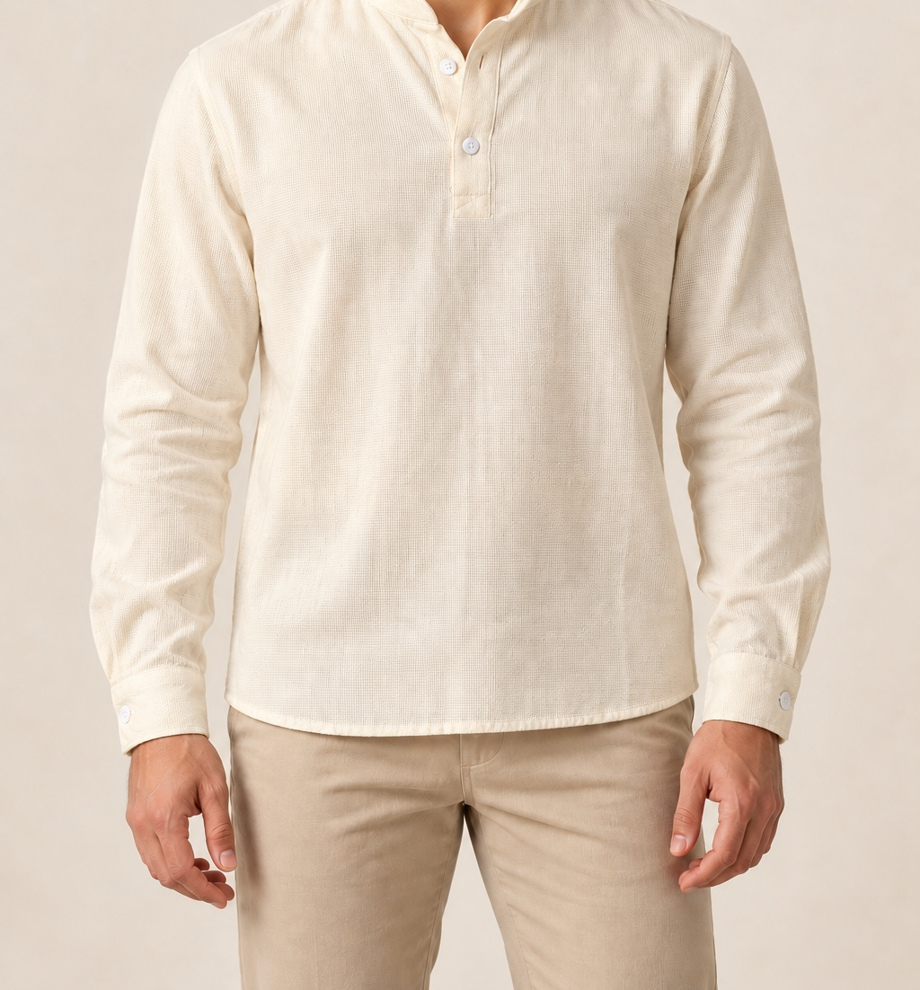 Camisa cuello mao cerrada en look cotidiano