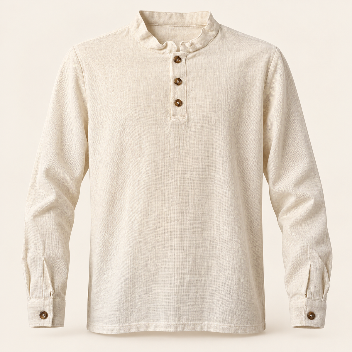 Camisa de hombre cuello mao cerrada botón café, vista frontal