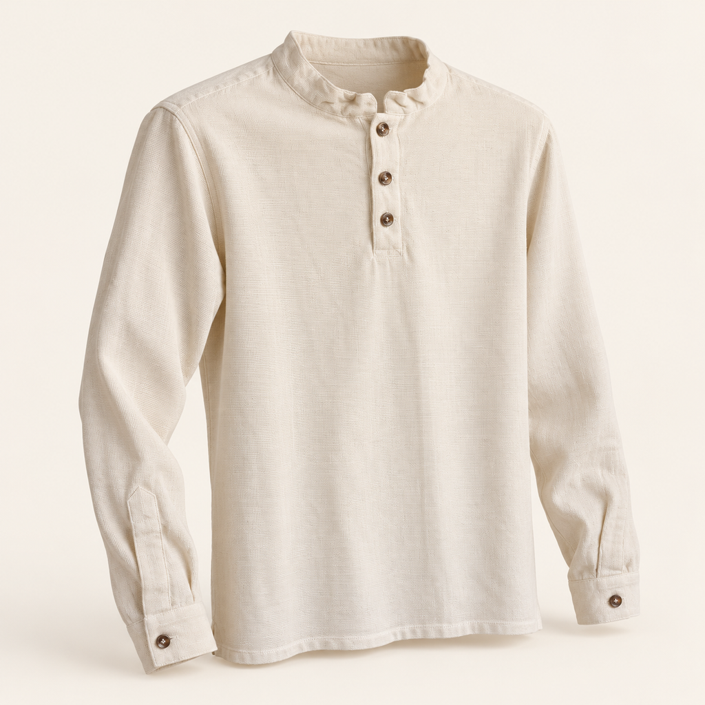 Camisa cuello mao botón café, vista en ángulo