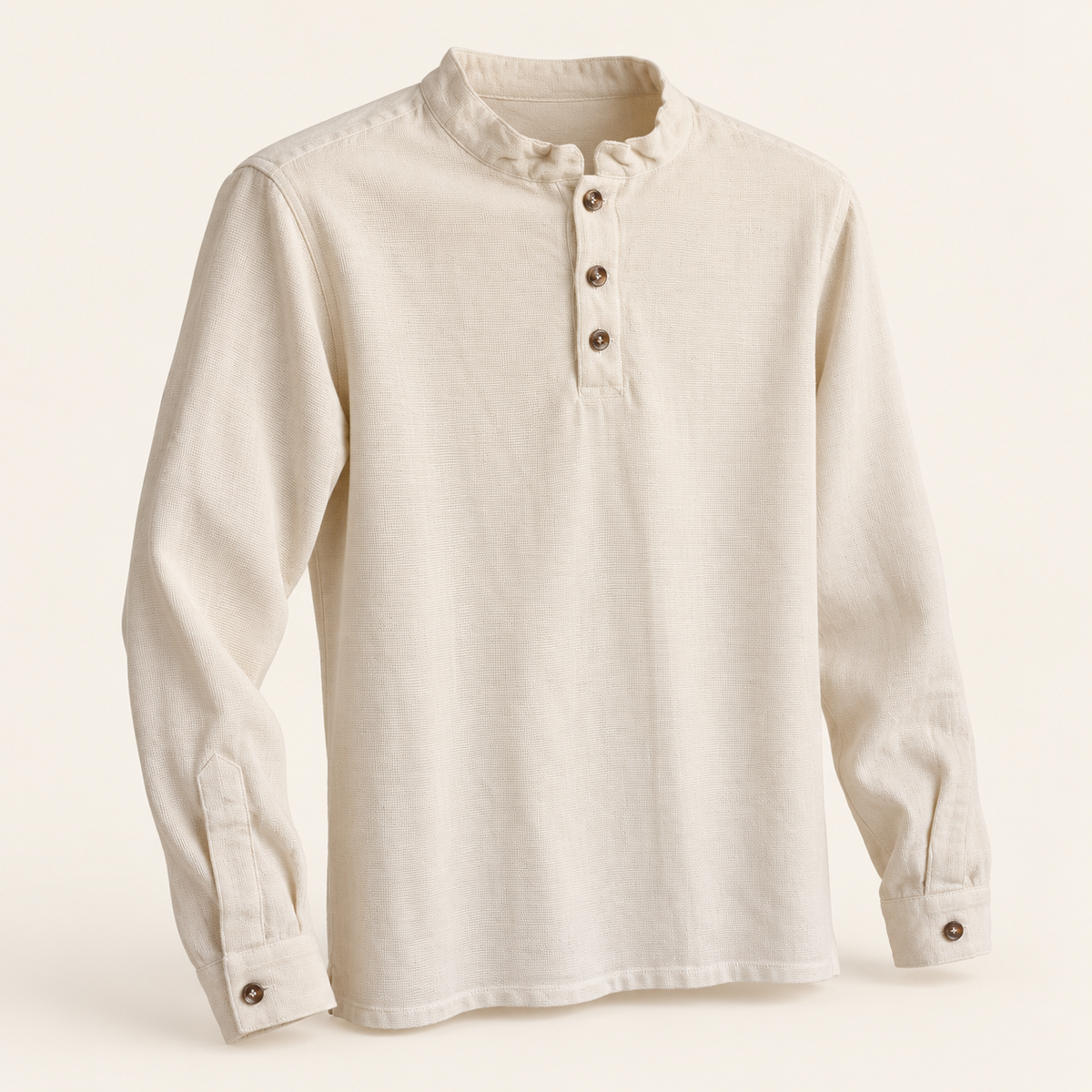 Camisa cuello mao botón café, vista en ángulo