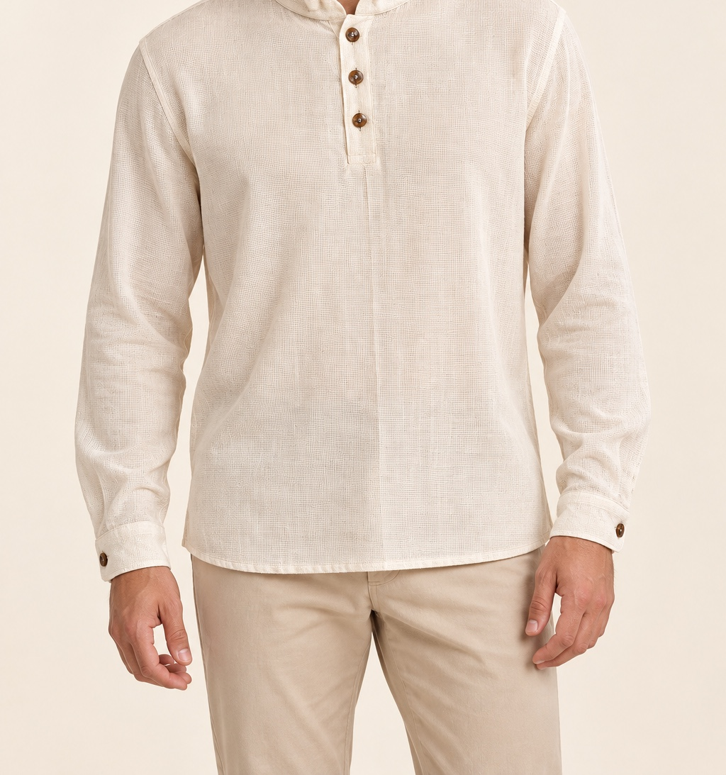 Camisa cuello mao botón café en look cotidiano
