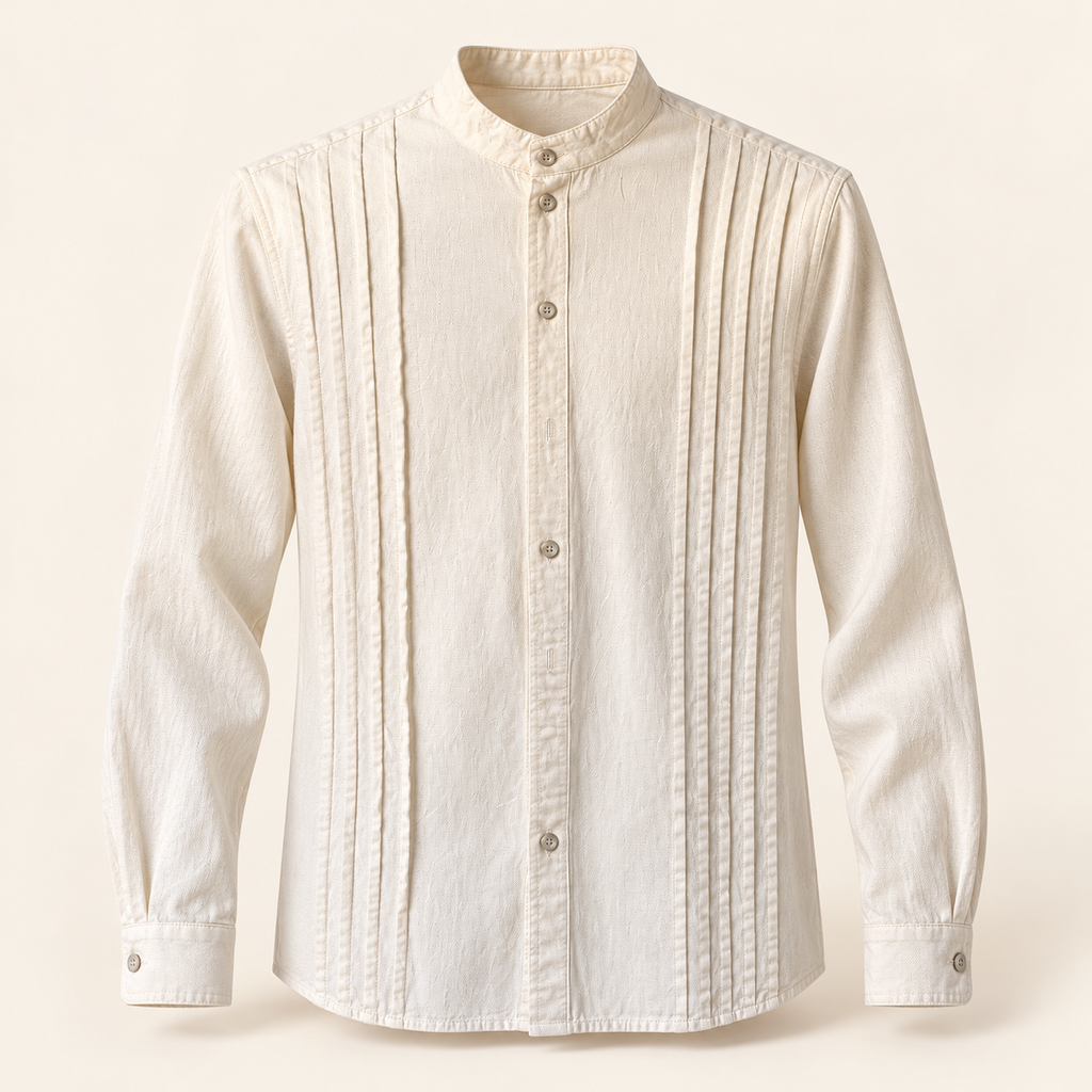 Camisa de hombre cuello mao con alforzas, vista frontal