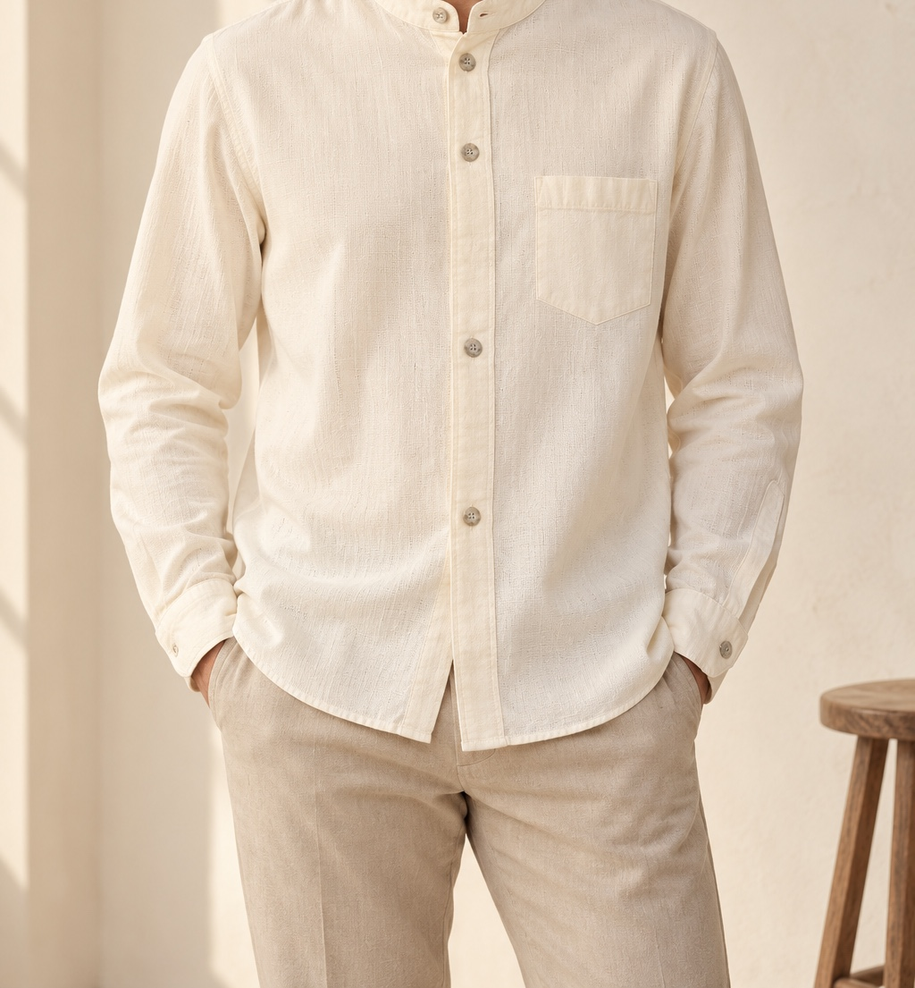 Camisa cuello mao con bolsillo en look editorial