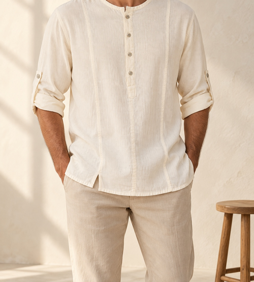 Camisa cerrada manga doblable en look editorial