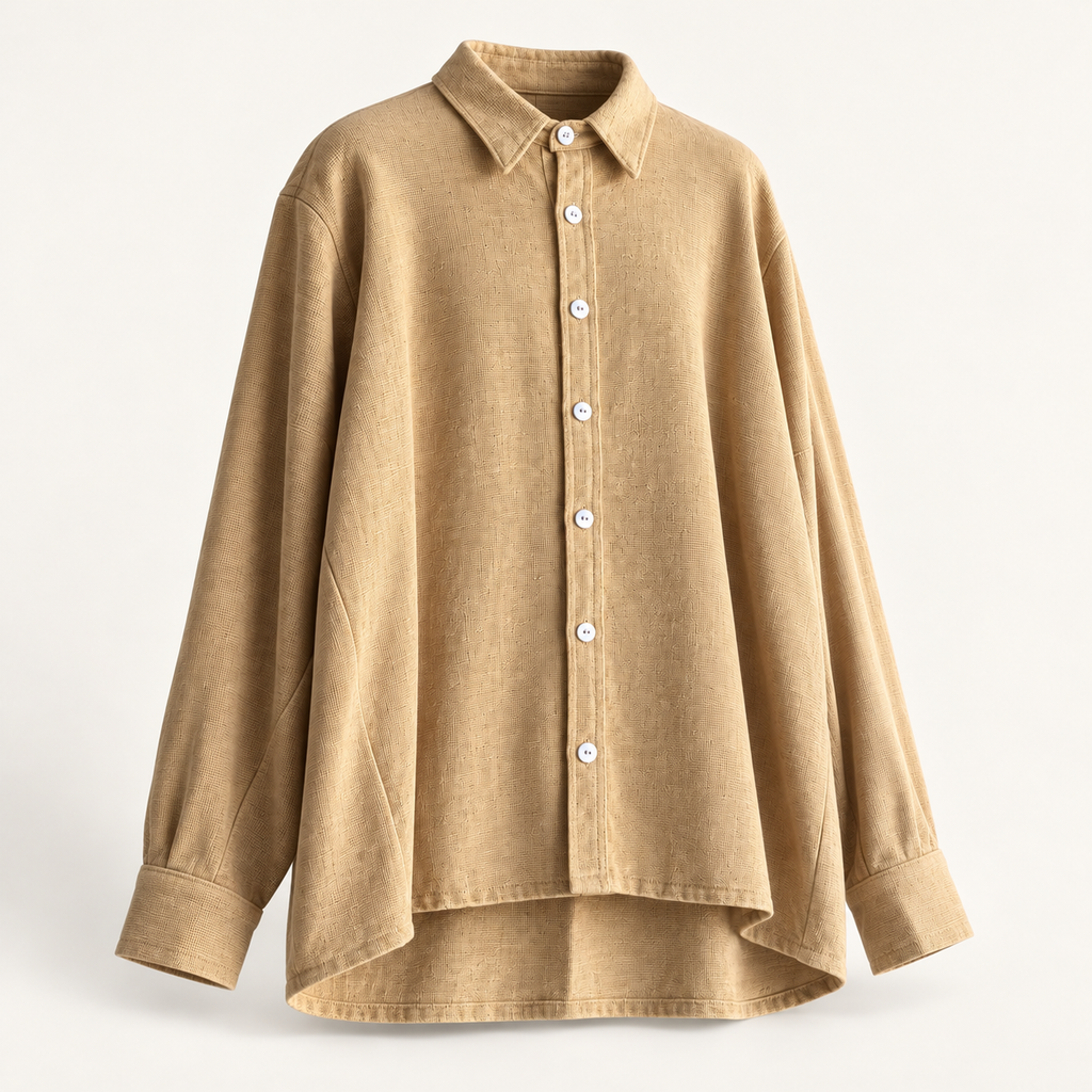 Camisa cuello italiano beige, vista en ángulo