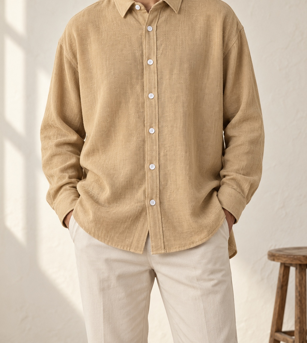 Camisa beige cuello italiano en look editorial