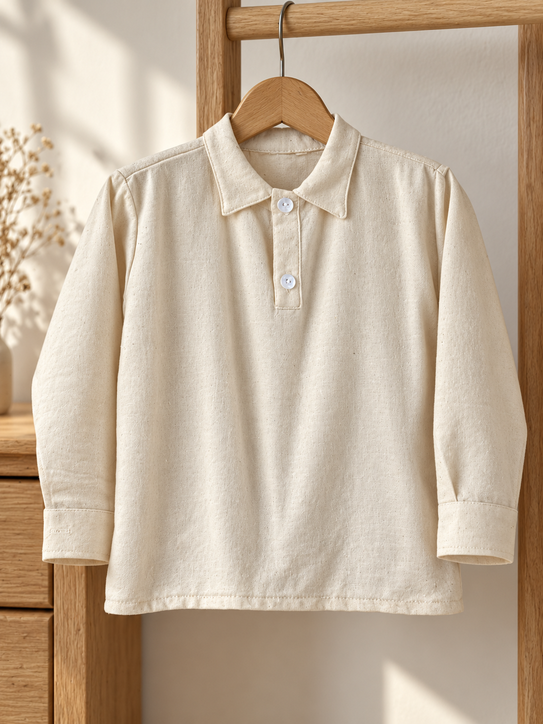 Camisa de niño de manta con cuello y dos botones: estilo de vida (imagen ilustrativa creada con IA)