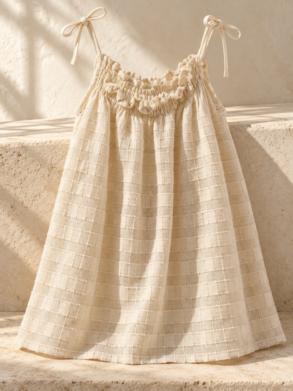 Vestido de niña de panalillo con tirantes: ambiente editorial (imagen ilustrativa creada con IA)