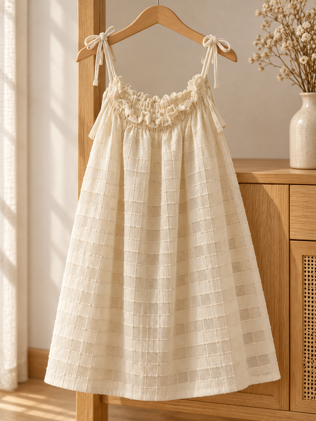 Vestido de niña de panalillo con tirantes: estilo de vida (imagen ilustrativa creada con IA)