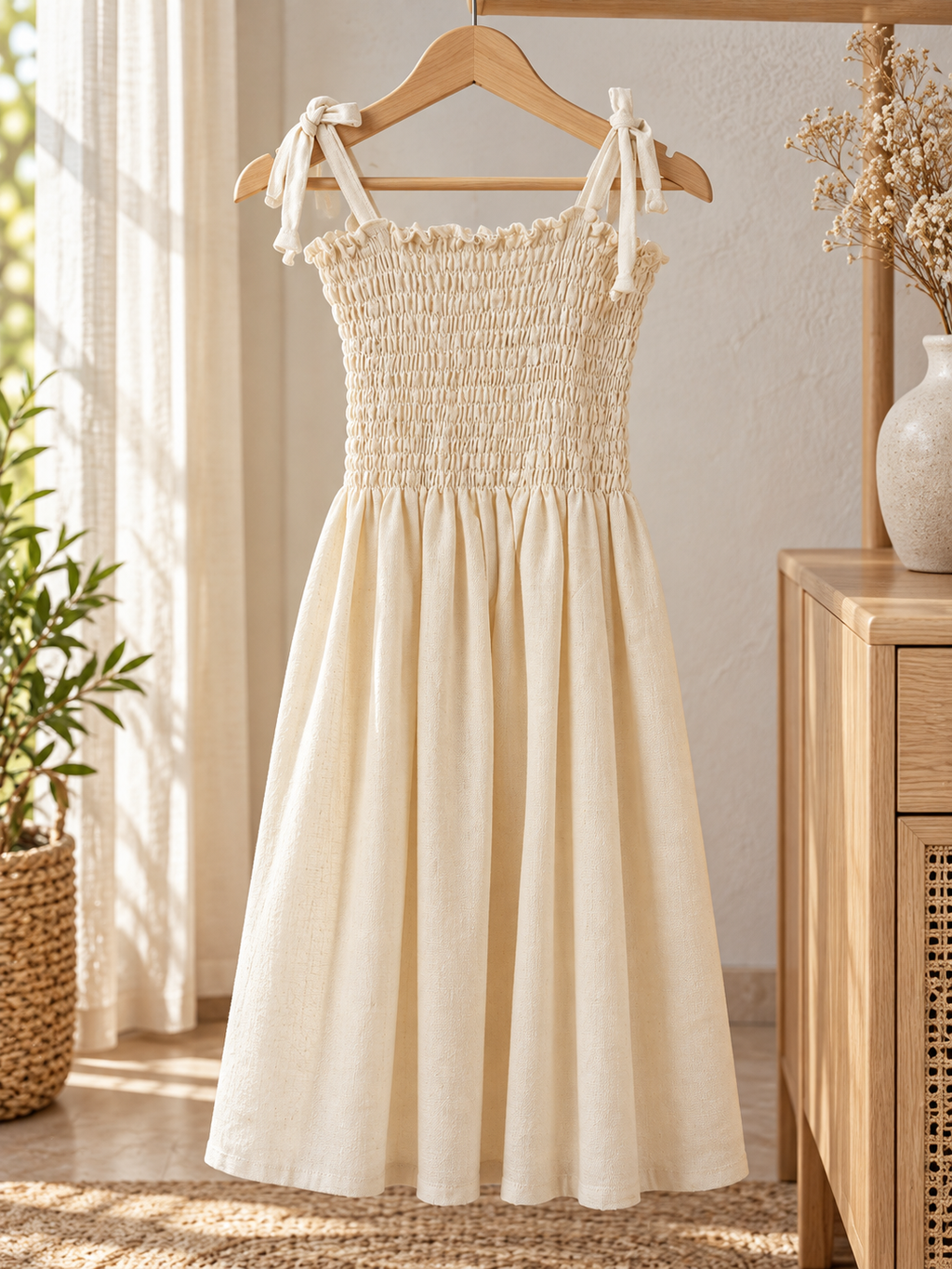 Vestido de niña con pechera fruncida y tirantes de moño: estilo de vida (imagen ilustrativa creada con IA)