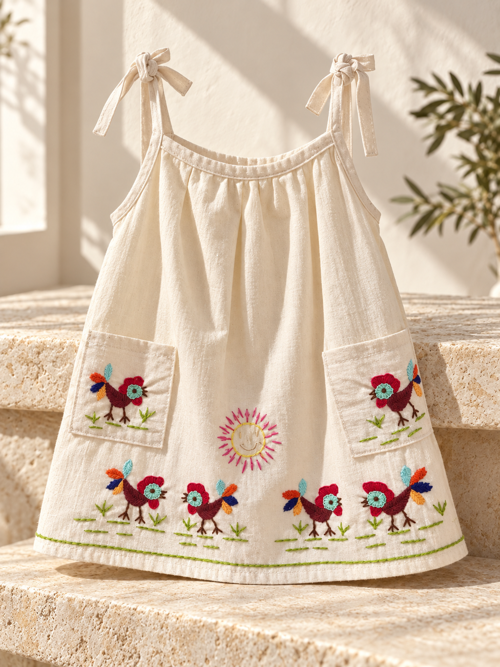 Vestido de niña bordado La Granja con bolsillos: ambiente editorial (imagen ilustrativa creada con IA)