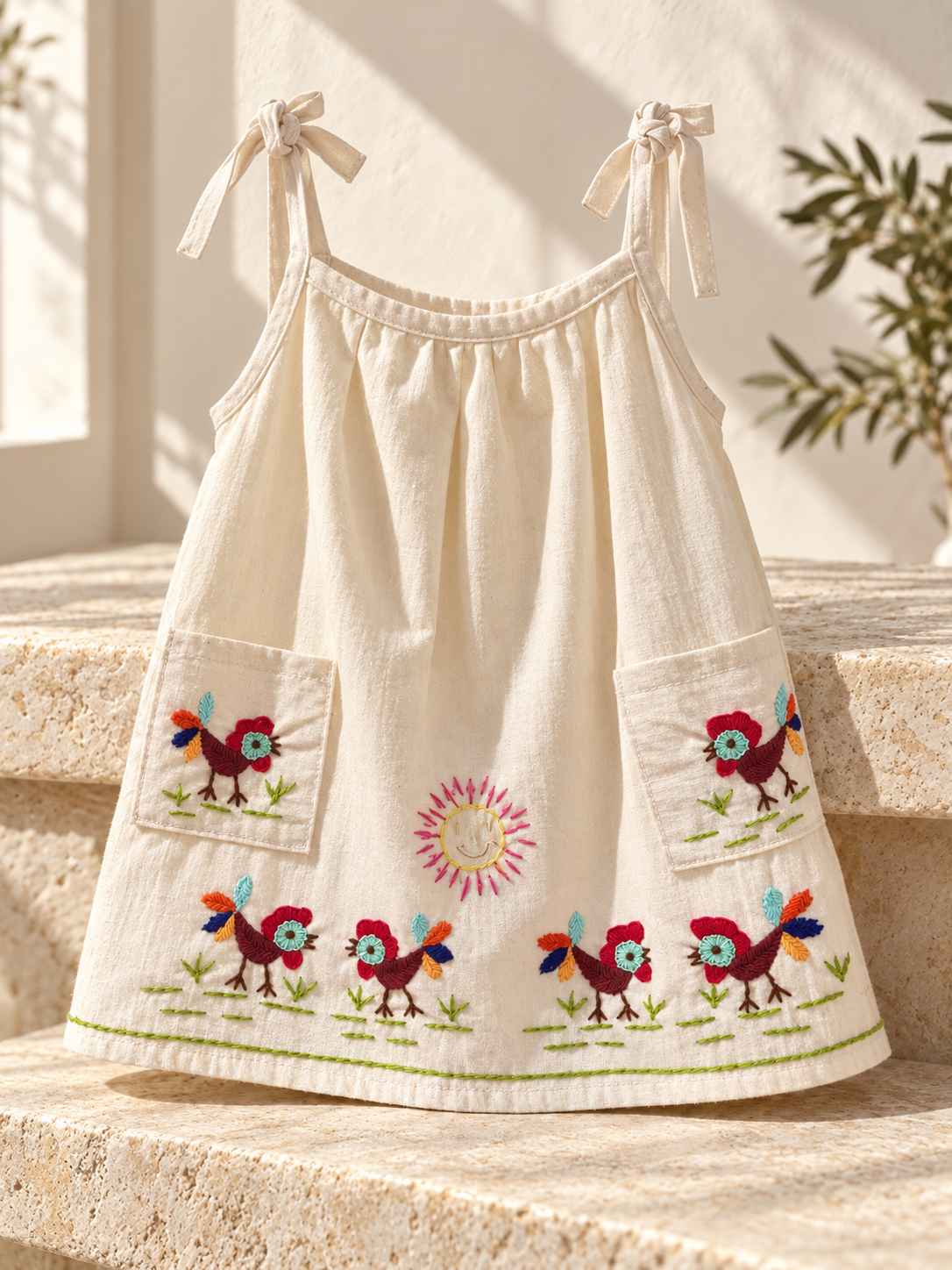 Vestido de niña bordado La Granja con bolsillos: ambiente editorial (imagen ilustrativa creada con IA)