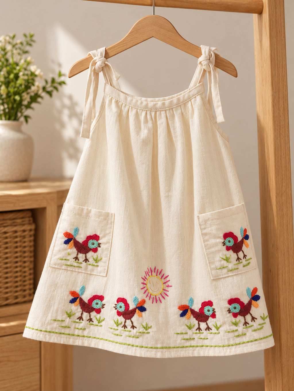 Vestido de niña bordado La Granja con bolsillos: estilo de vida (imagen ilustrativa creada con IA)