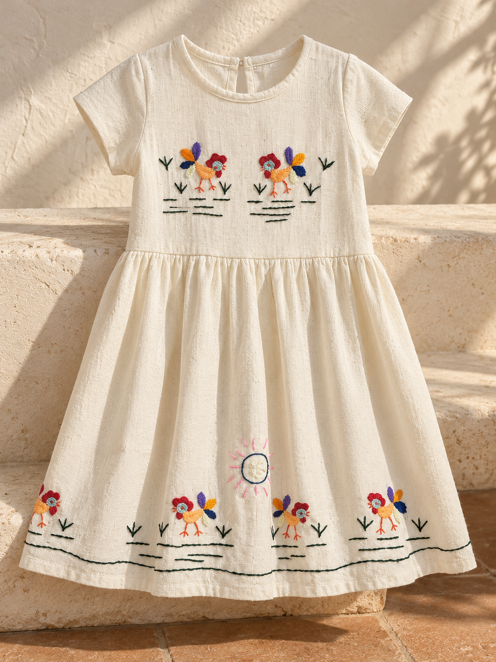 Vestido de niña bordado La Granja, manga corta: ambiente editorial (imagen ilustrativa creada con IA)