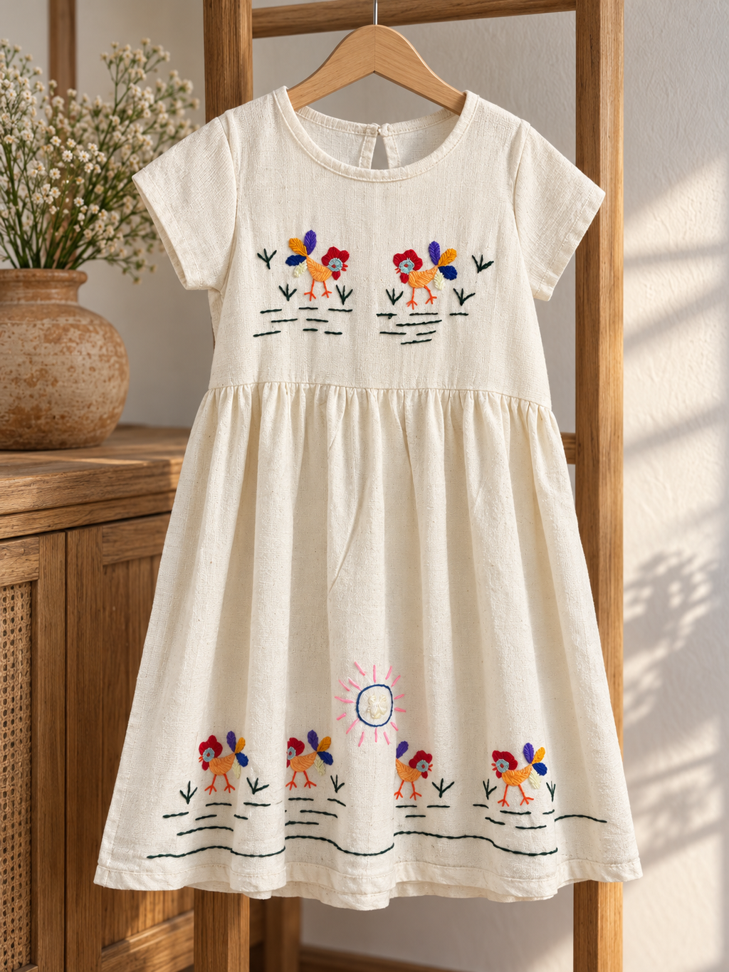 Vestido de niña bordado La Granja, manga corta: estilo de vida (imagen ilustrativa creada con IA)