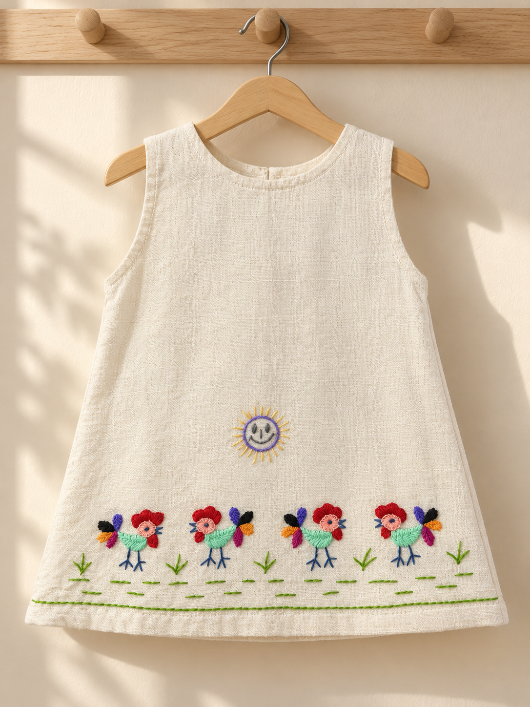 Vestido de niña bordado La Granja, gallitos turquesa: ambiente (imagen ilustrativa creada con IA)