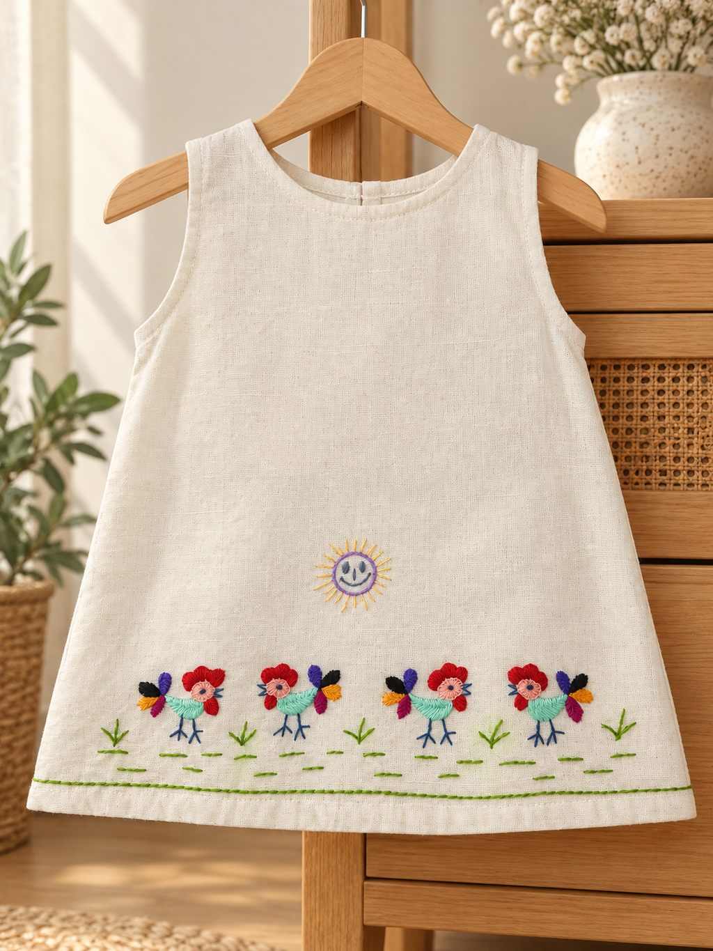 Vestido de niña bordado La Granja, gallitos turquesa: estilo de vida (imagen ilustrativa creada con IA)