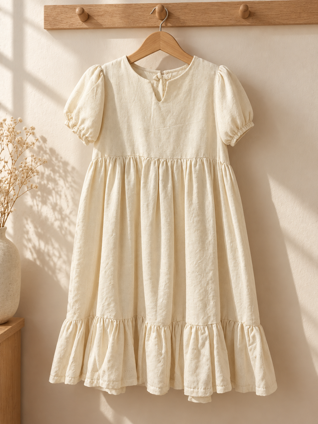 Vestido largo de niña con olán y manga globo: ambiente (imagen ilustrativa creada con IA)