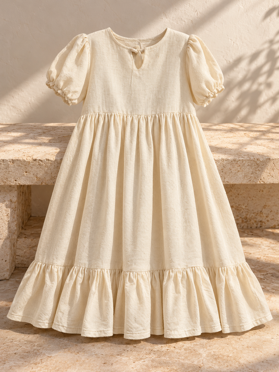 Vestido largo de niña con olán y manga globo: ambiente editorial (imagen ilustrativa creada con IA)
