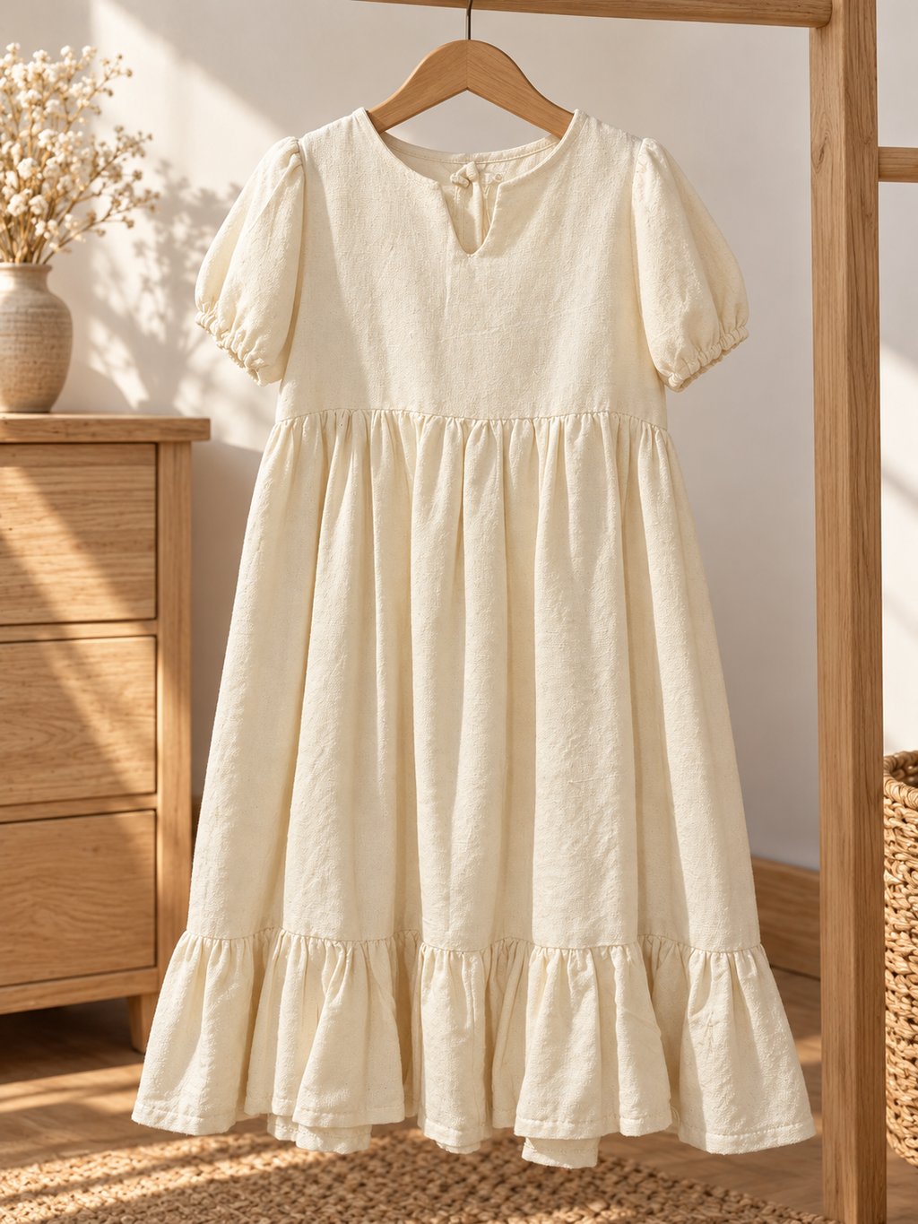 Vestido largo de niña con olán y manga globo: estilo de vida (imagen ilustrativa creada con IA)