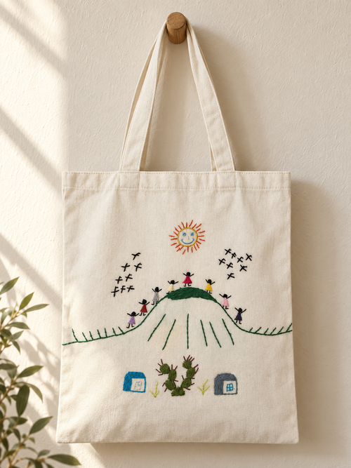Bolsa de manta bordada Subida al cerro: ambiente (imagen ilustrativa creada con IA)