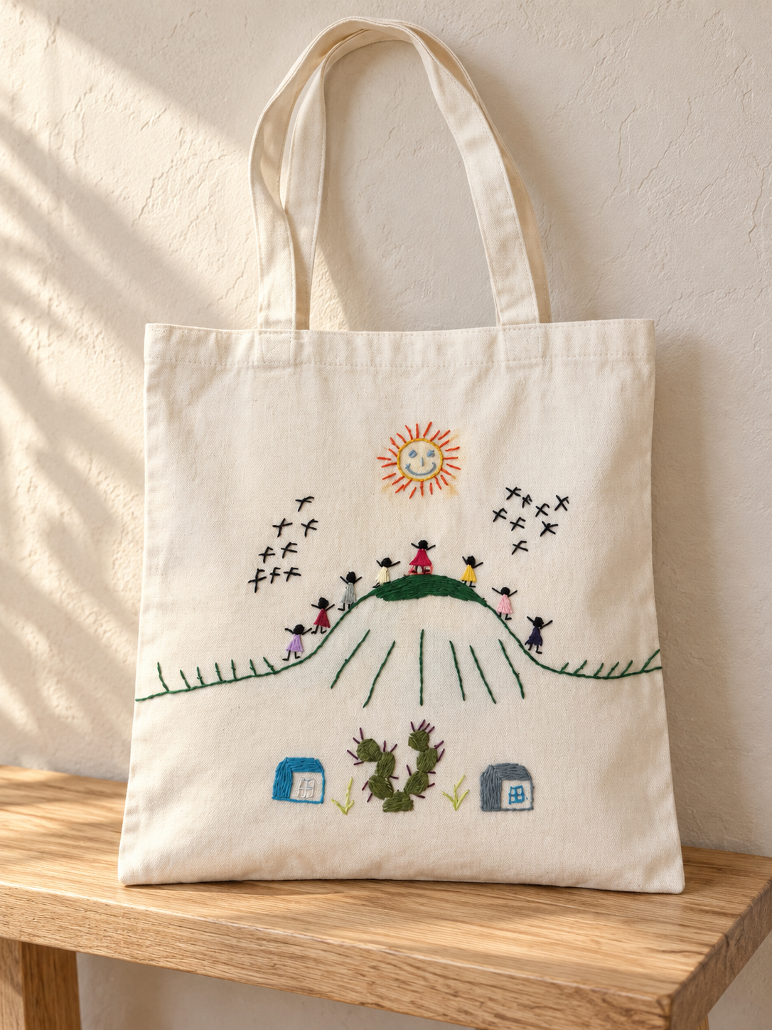Bolsa de manta bordada Subida al cerro: ambiente editorial (imagen ilustrativa creada con IA)