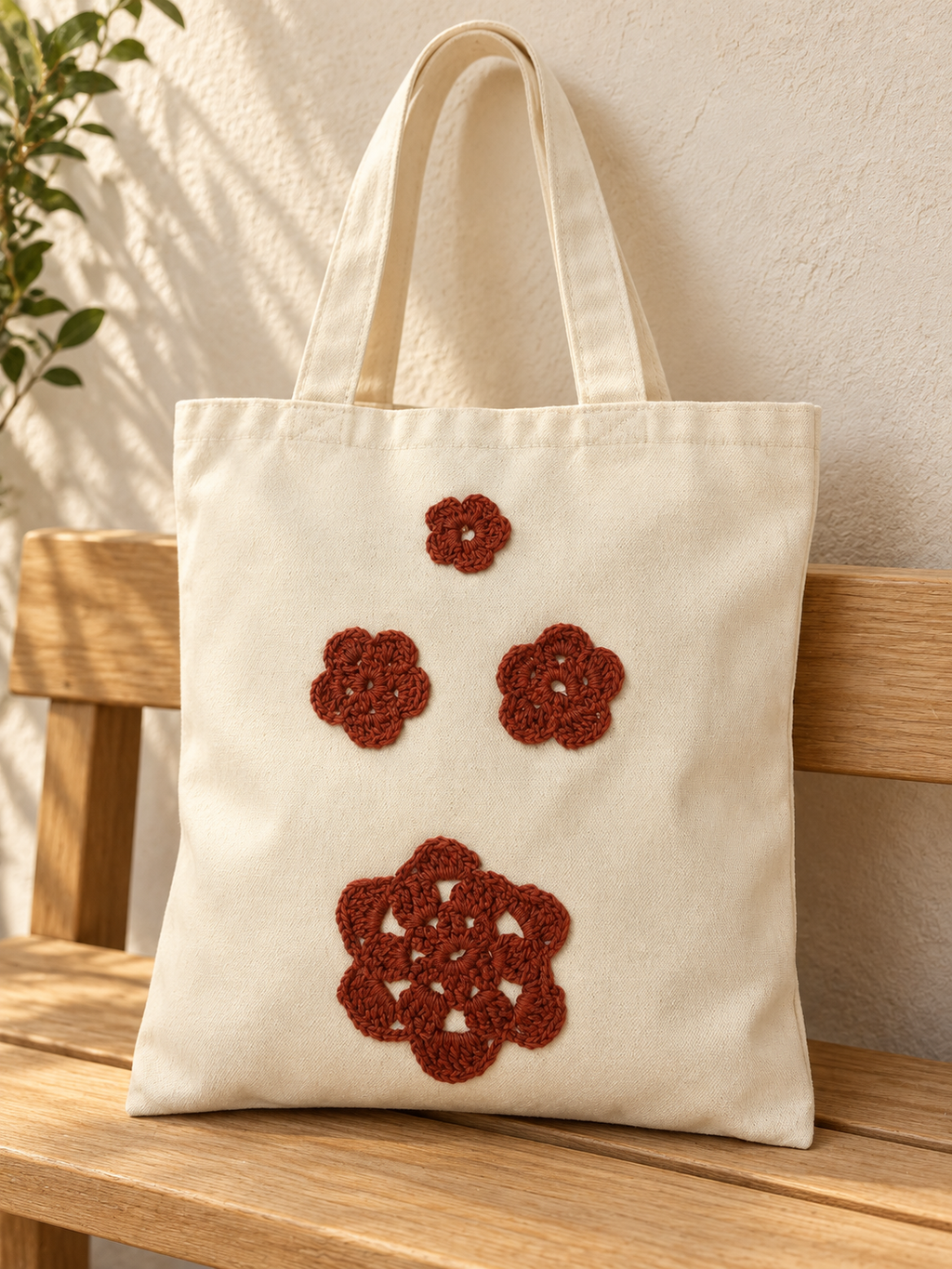 Bolsa de manta con flores tejidas color óxido: ambiente editorial (imagen ilustrativa creada con IA)