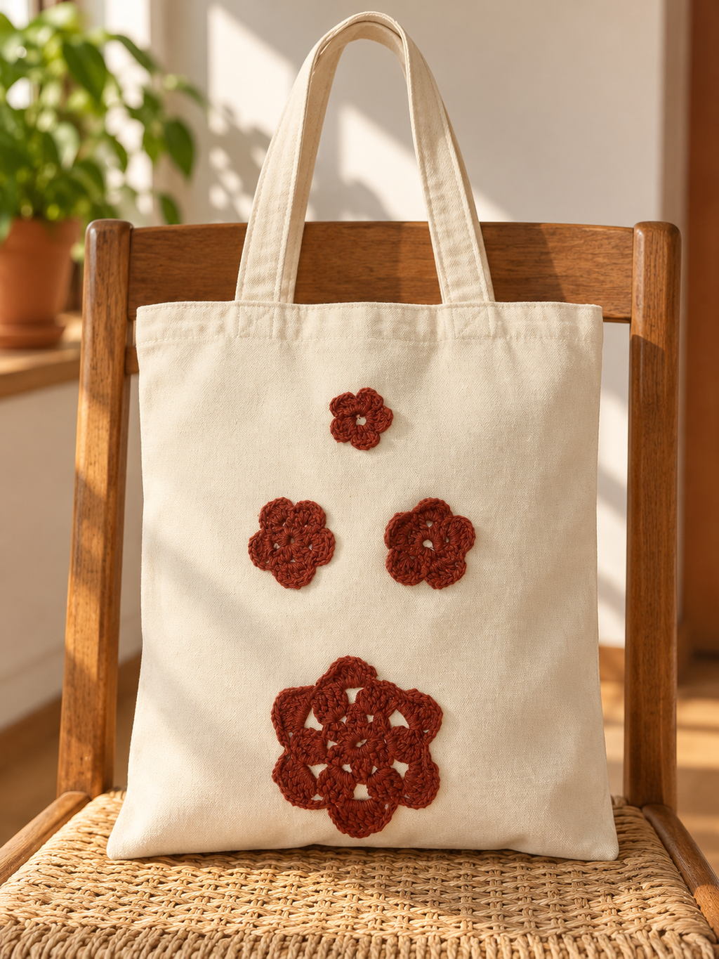 Bolsa de manta con flores tejidas color óxido: estilo de vida (imagen ilustrativa creada con IA)