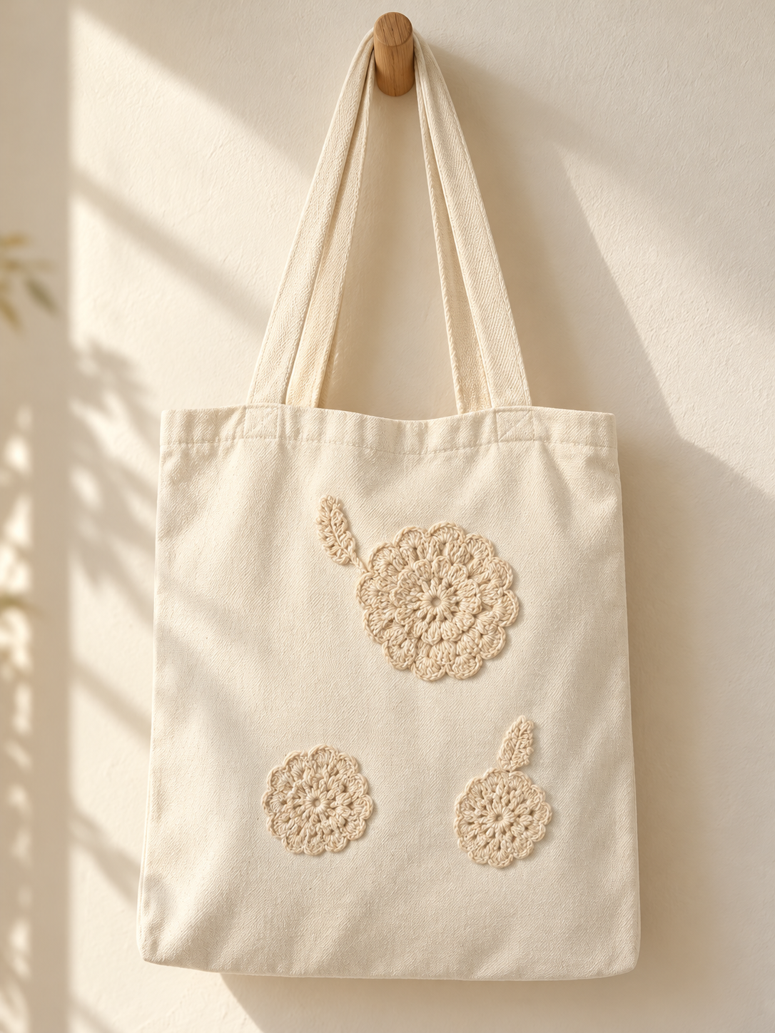 Bolsa de manta con flores tejidas color crudo: ambiente (imagen ilustrativa creada con IA)