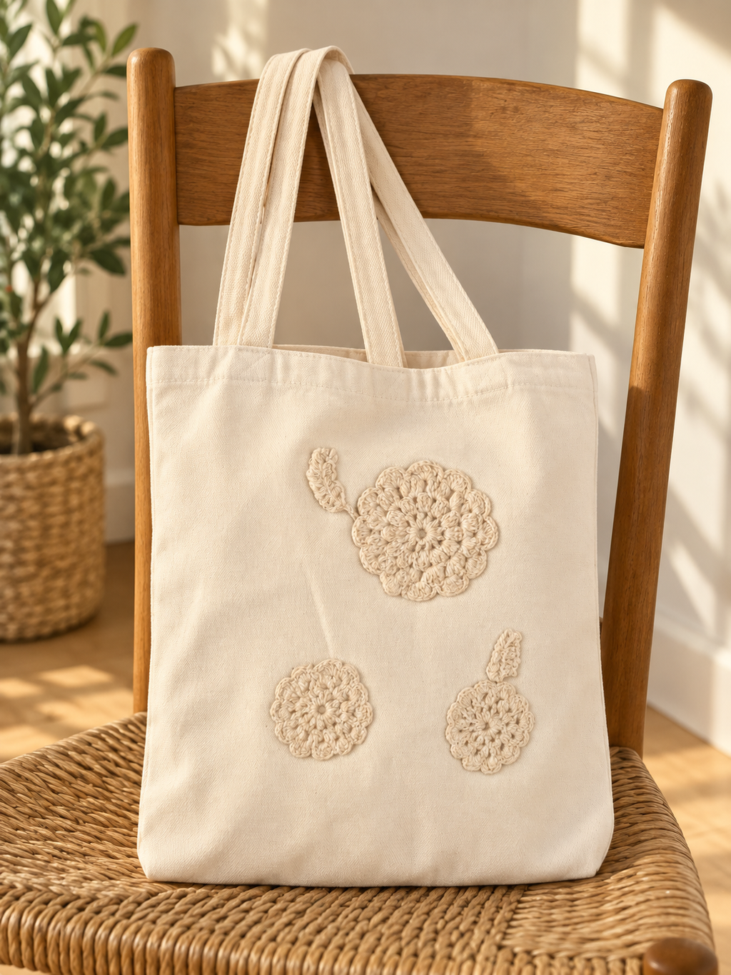 Bolsa de manta con flores tejidas color crudo: estilo de vida (imagen ilustrativa creada con IA)