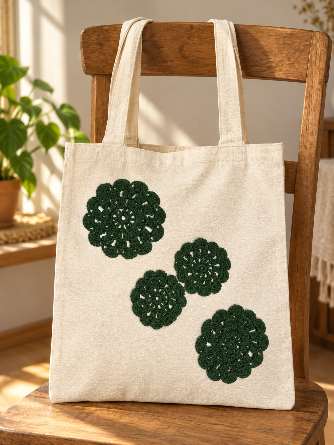 Bolsa de manta con rosetas tejidas verde bosque: estilo de vida (imagen ilustrativa creada con IA)