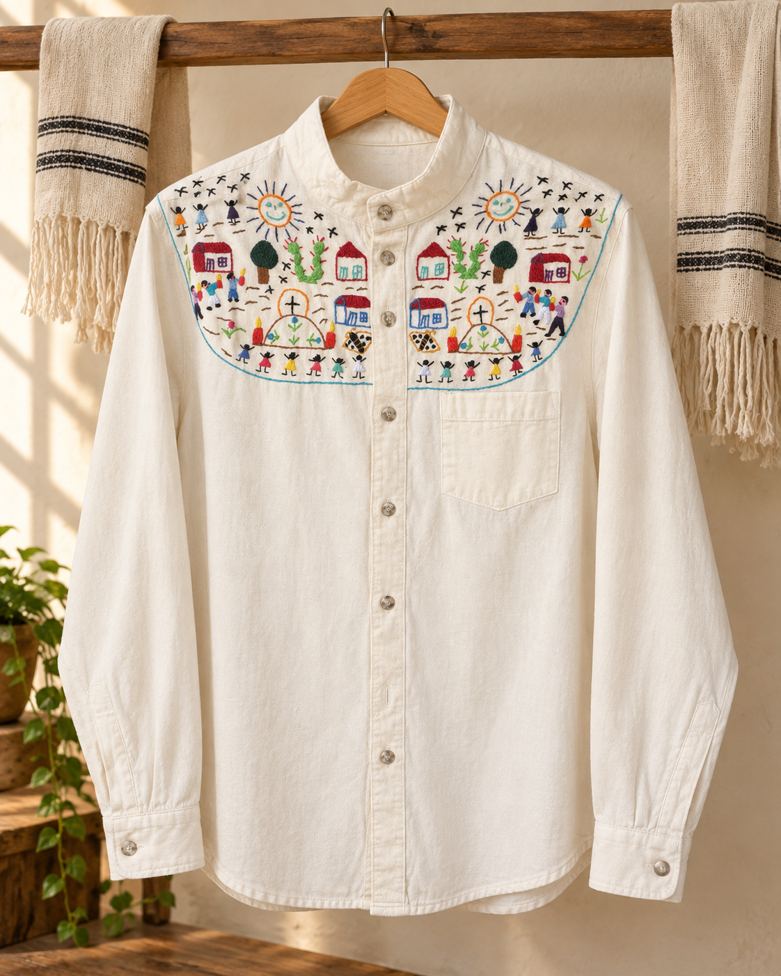 Camisa de hombre bordada La Aldea en ambiente