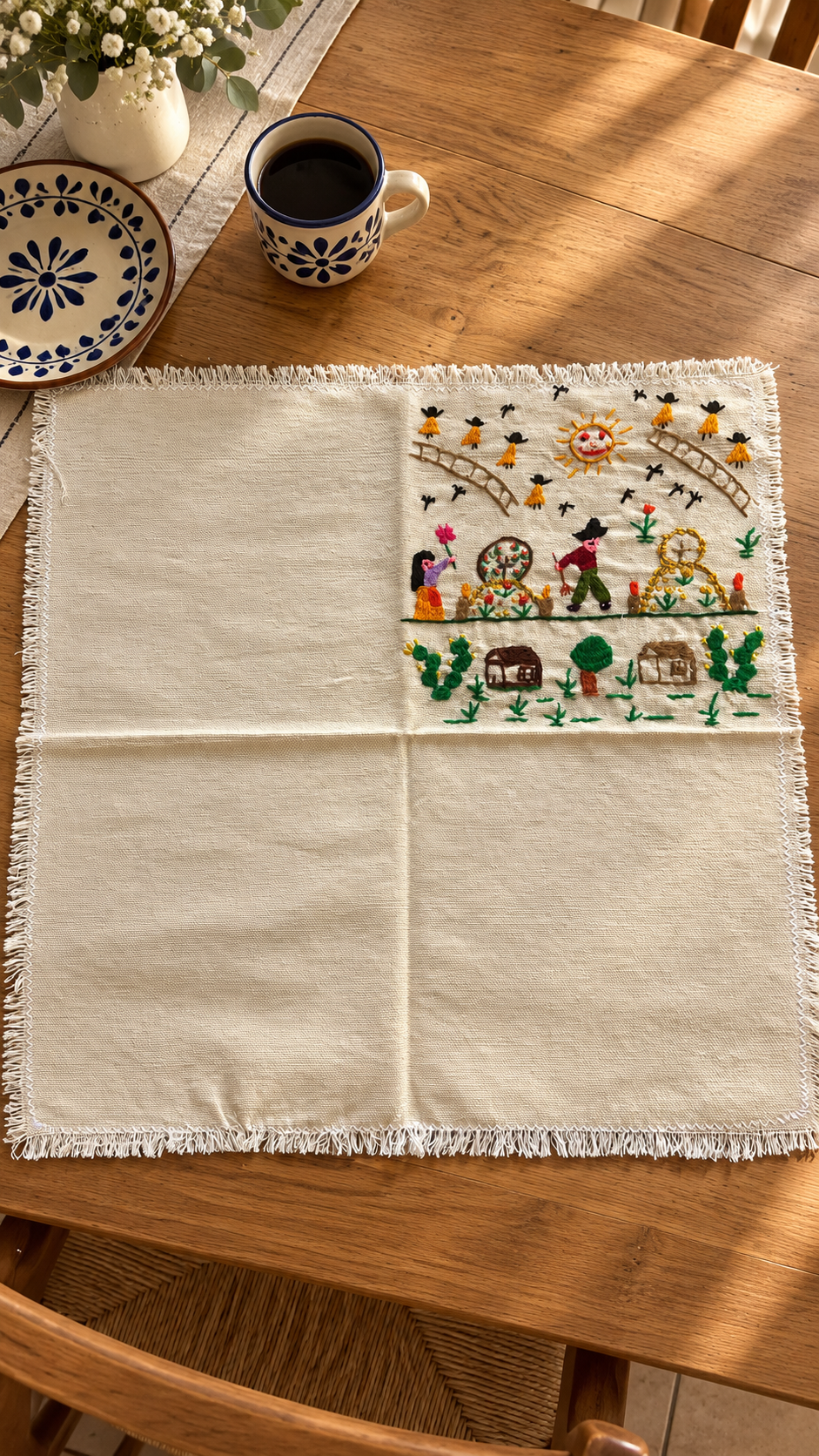 Mantel individual Día de Muertos en una mesa (imagen ilustrativa creada con IA)