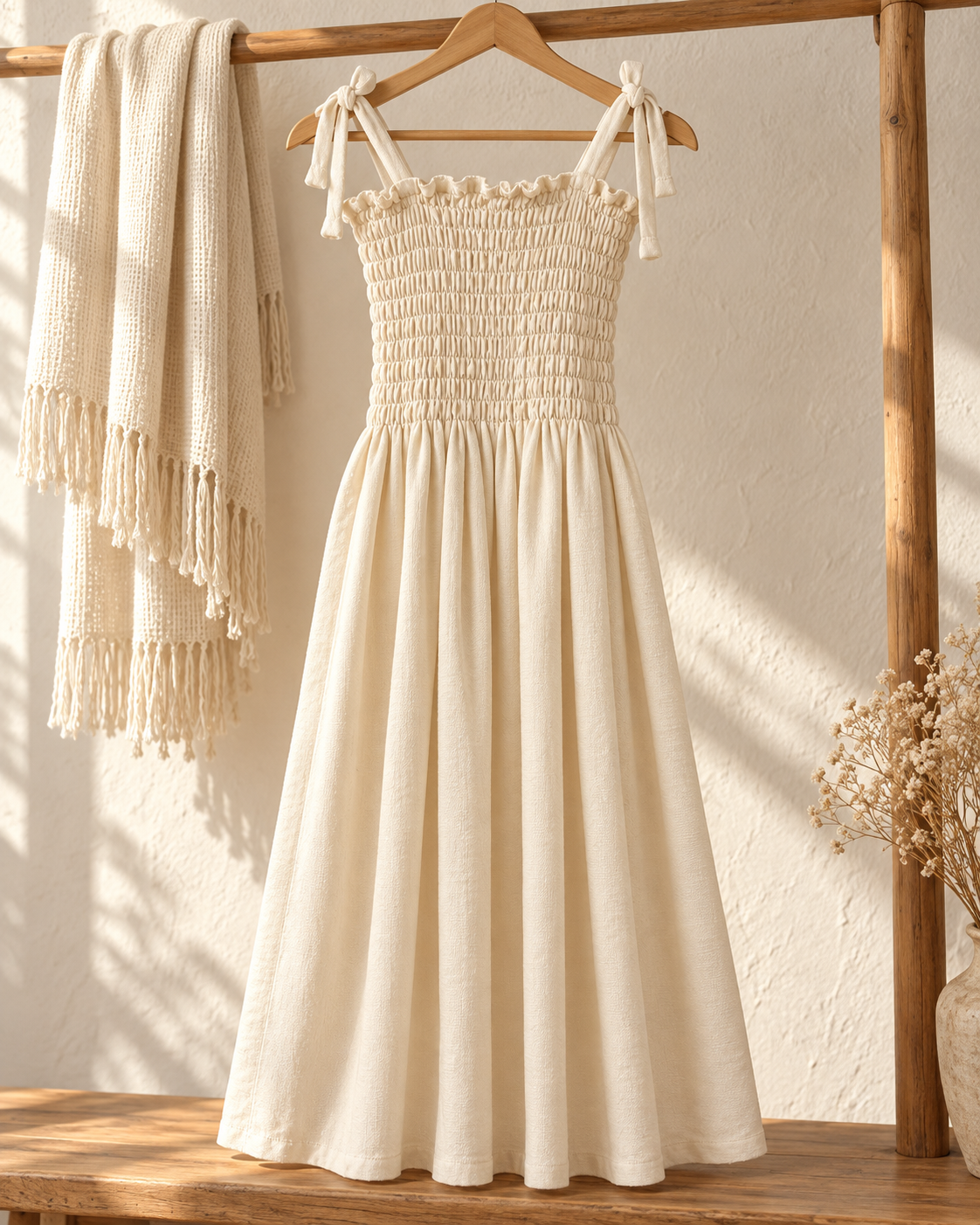 Vestido de mujer con pechera fruncida, en ambiente
