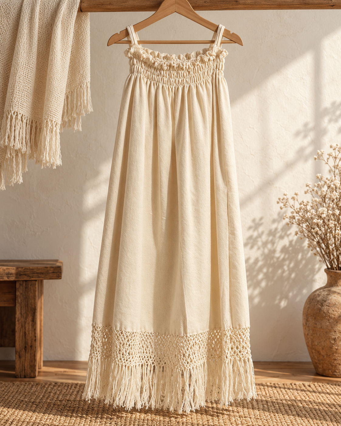 Vestido largo con red anudada y flecos, en ambiente
