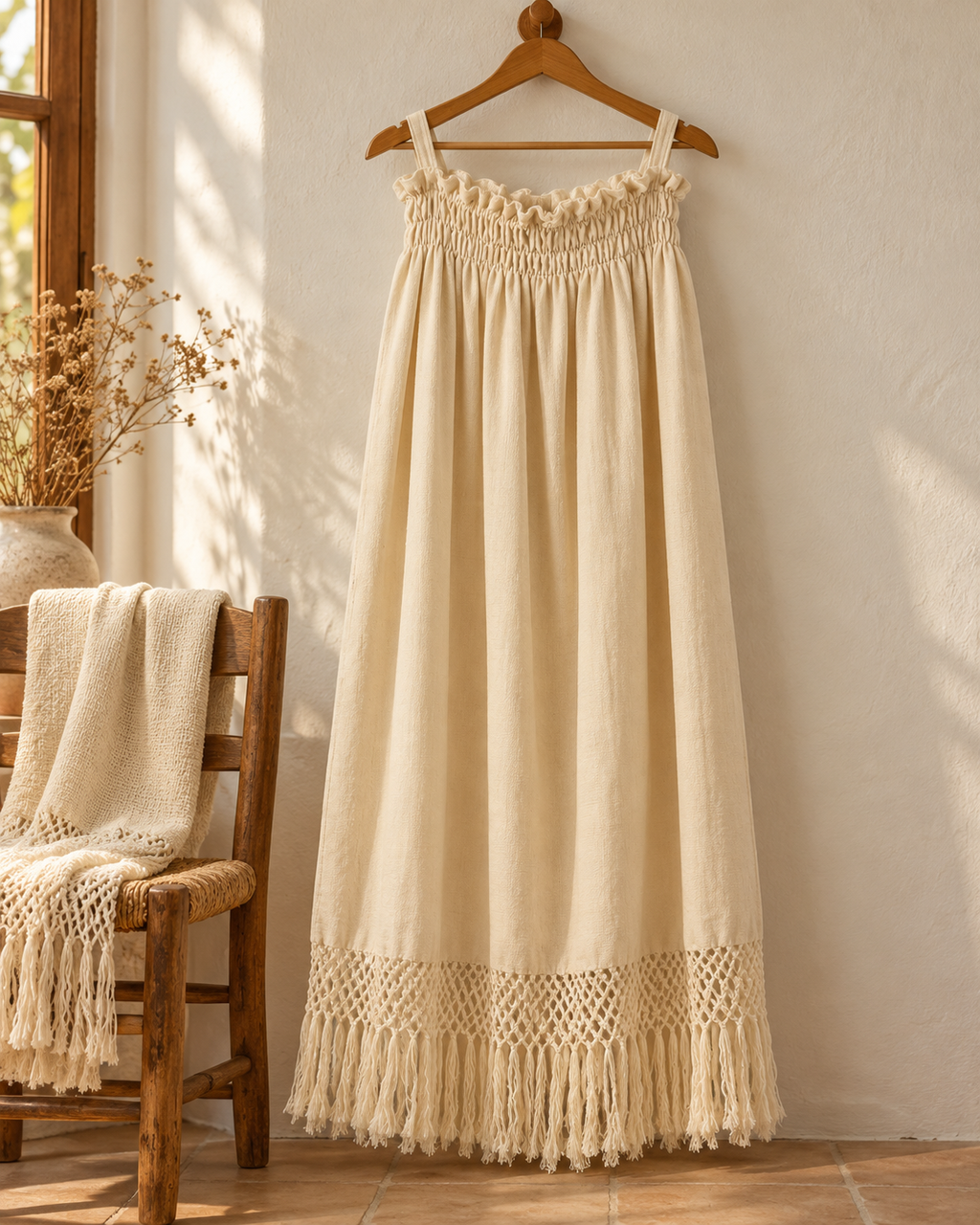 Vestido largo con red anudada y flecos, estilo de vida